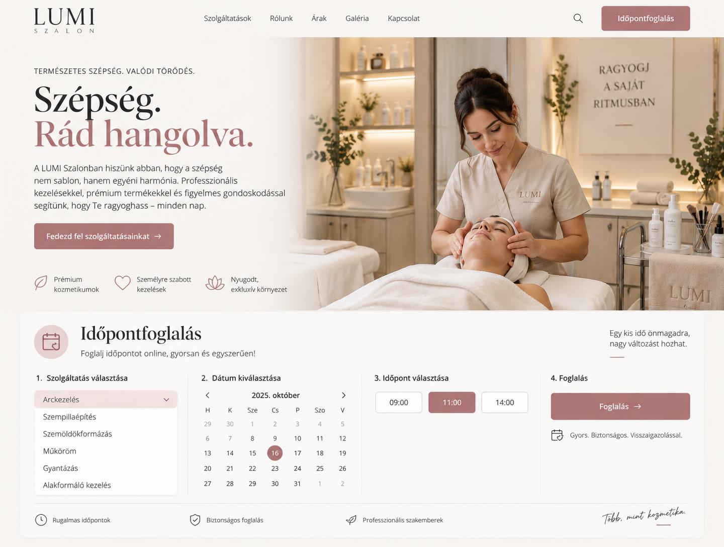 Generált szépségszalon-mintaweboldal online időpontfoglalóval